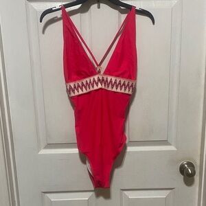 Pink and white One-Piece Swimsuit/ bodysuit with Patterned Band stretchy